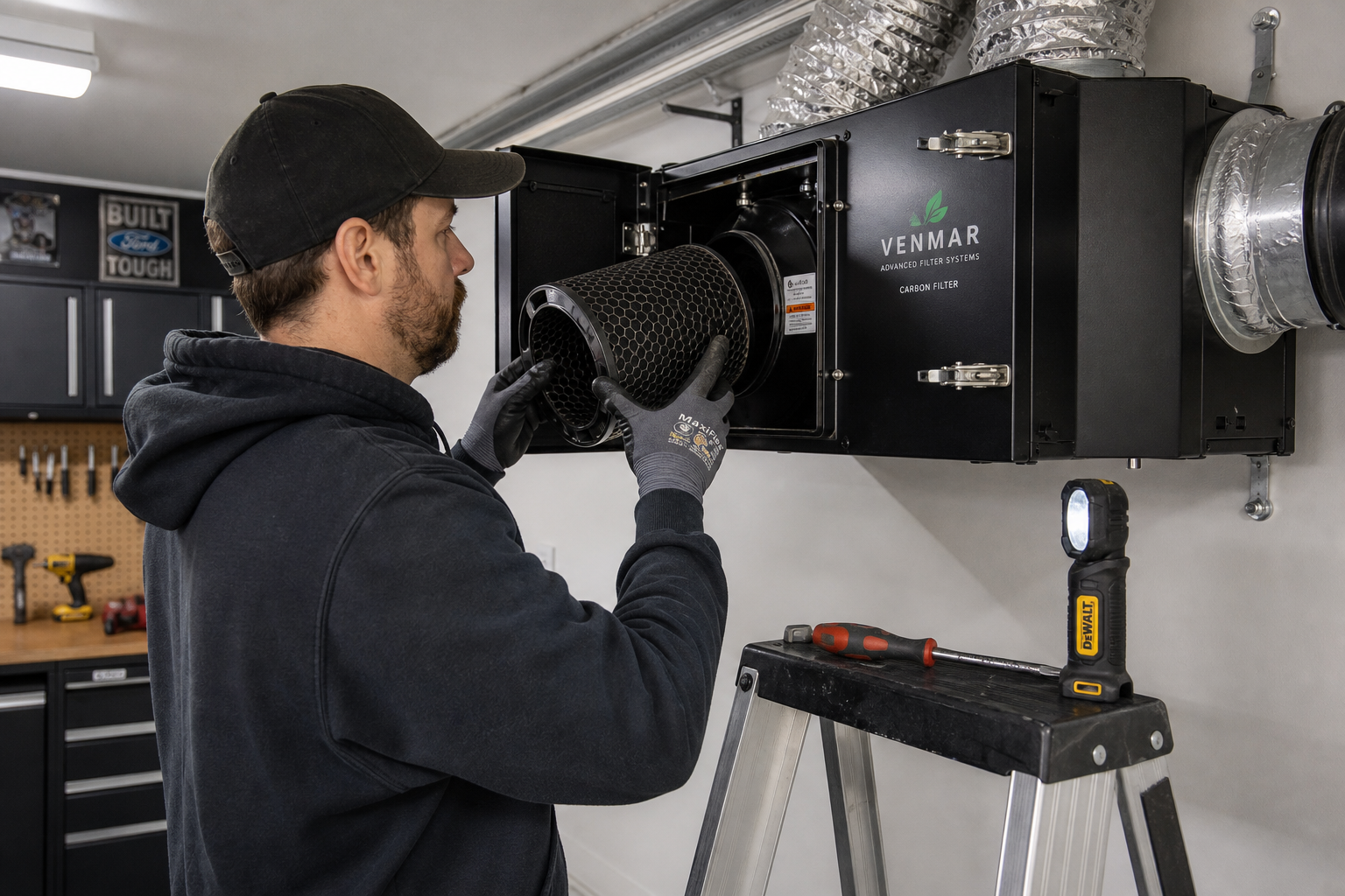 Person performing maintenance on garage carbon filter ventilation system