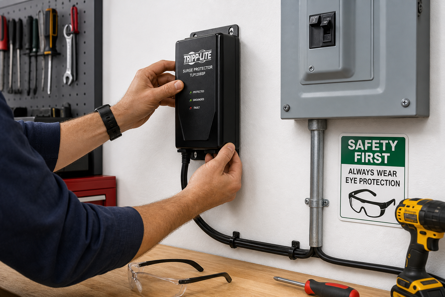 Hands properly installing a garage surge protector demonstrating safe installation practices