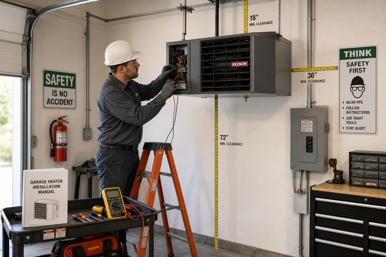 Professional installing garage heater with safety equipment and proper clearances
