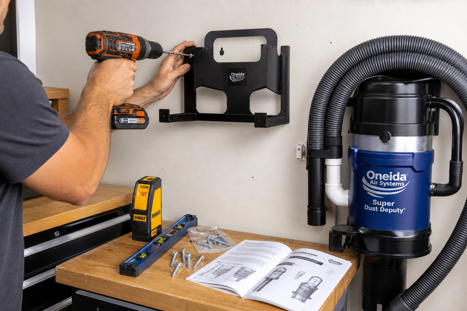 Person installing wall-mount vacuum bracket with tools and hardware