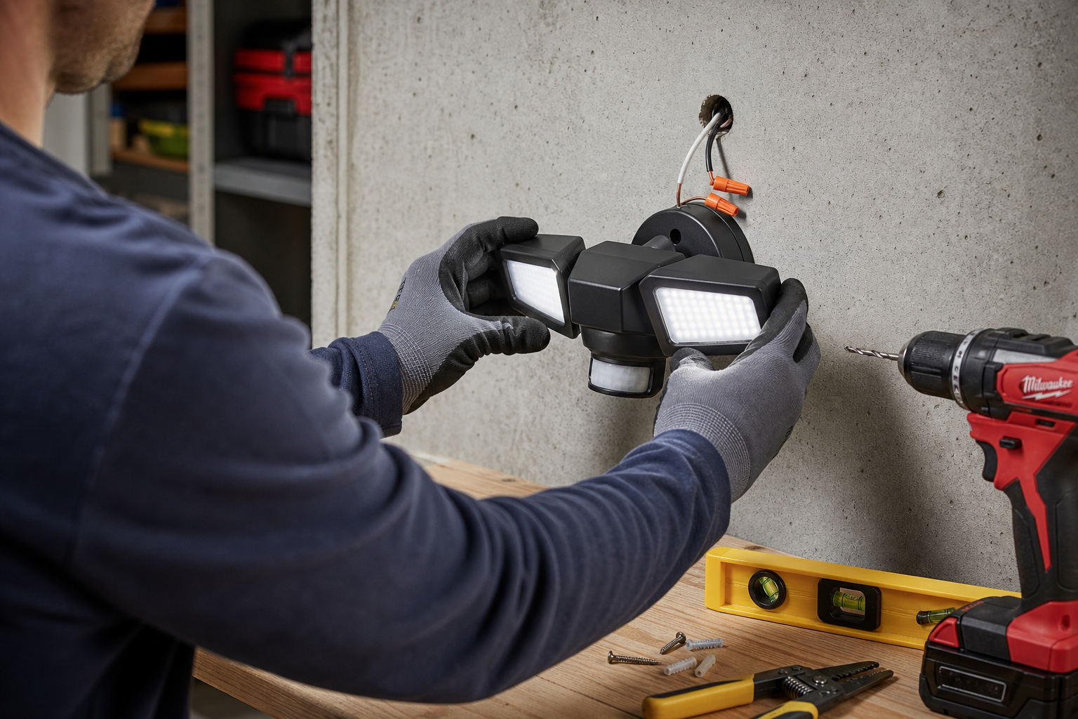 Person installing a motion sensor light on a garage wall with tools and mounting hardware visible