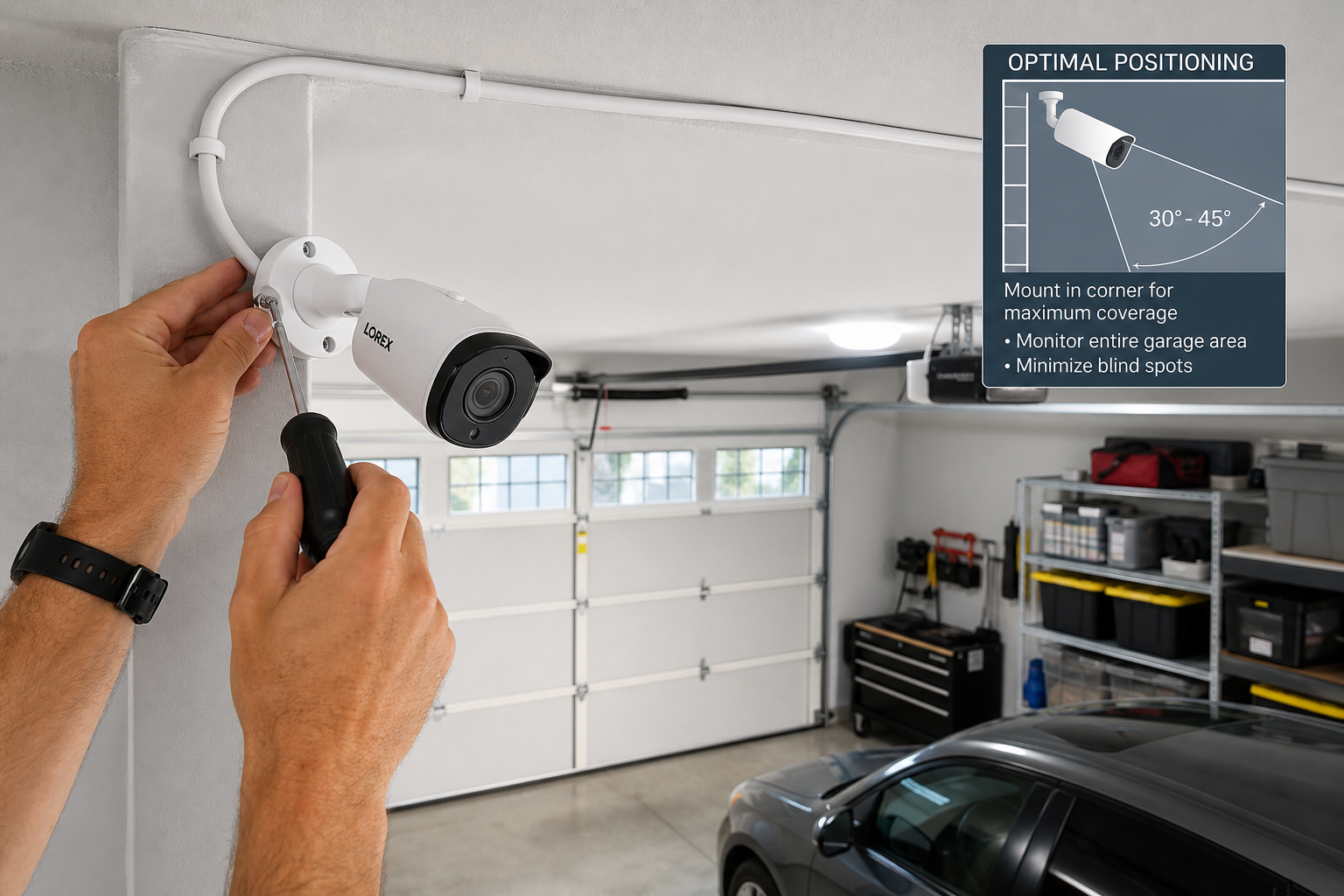 Security camera installation in garage showing mounting position and cable routing
