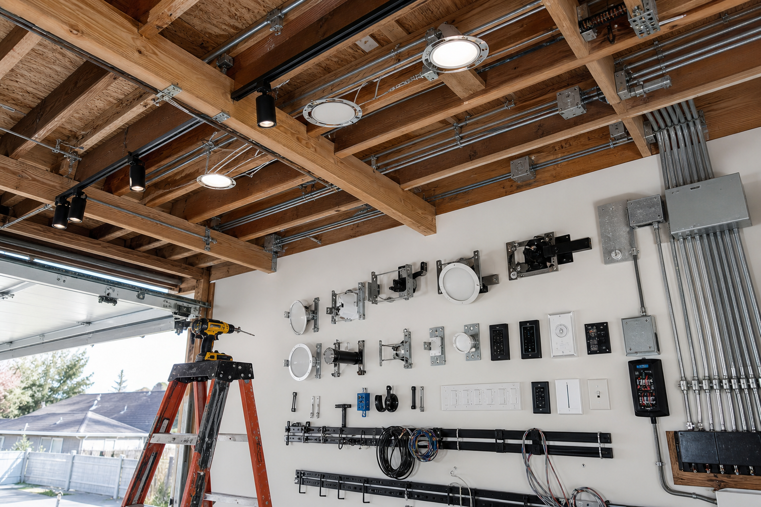 Garage ceiling during smart lighting installation showing electrical components and mounting hardware