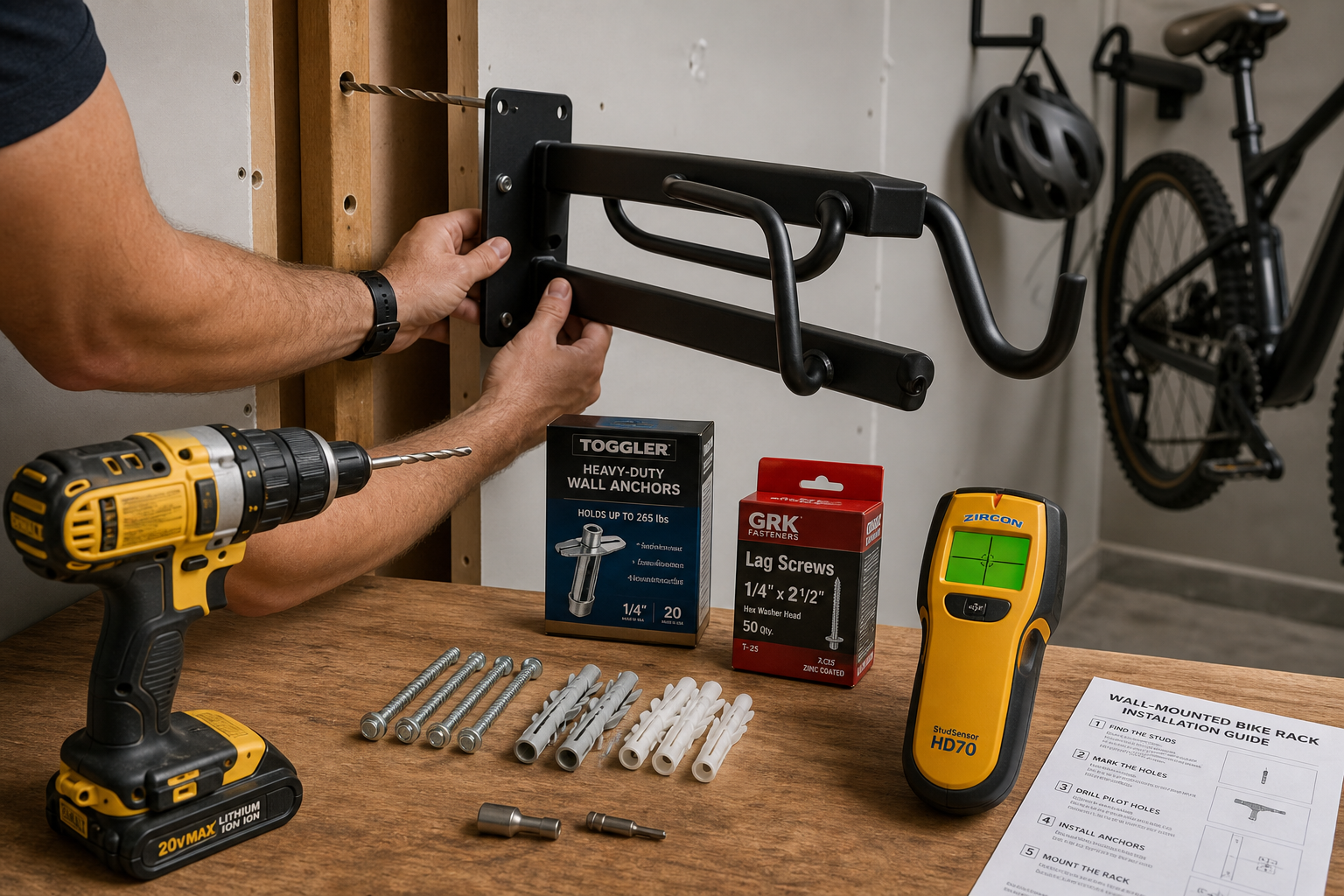 Tools and hardware for installing wall-mounted bike rack in garage