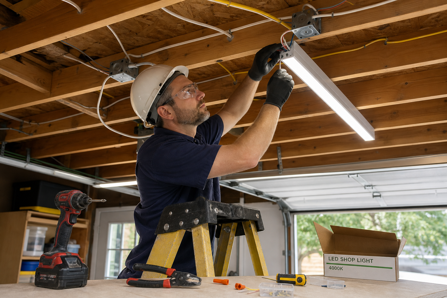 Person installing LED light fixtures in garage ceiling showing electrical installation process