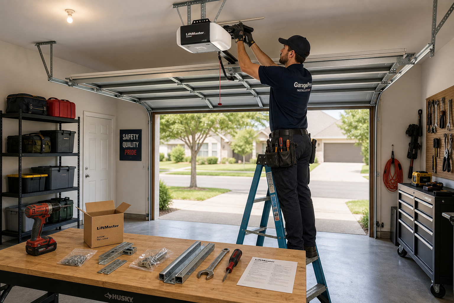 Professional technician installing garage door opener system in residential garage