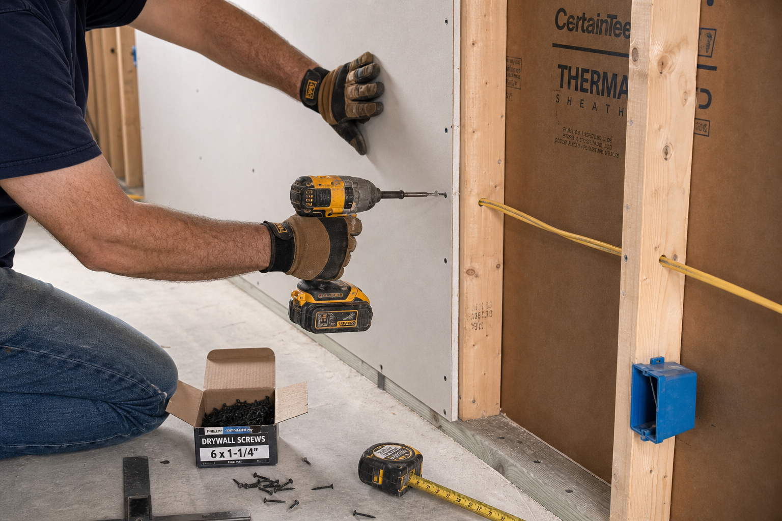 Close-up of hands installing drywall on garage wall studs with tools and screws visible