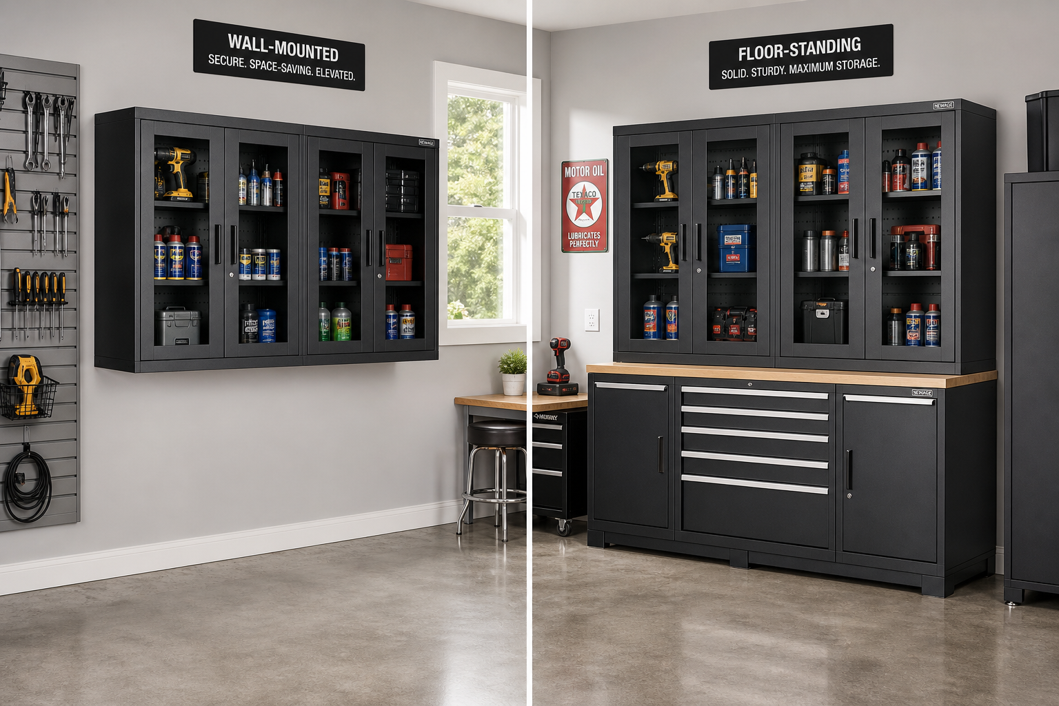 Comparison of wall-mounted and floor-standing garage cabinet installation methods