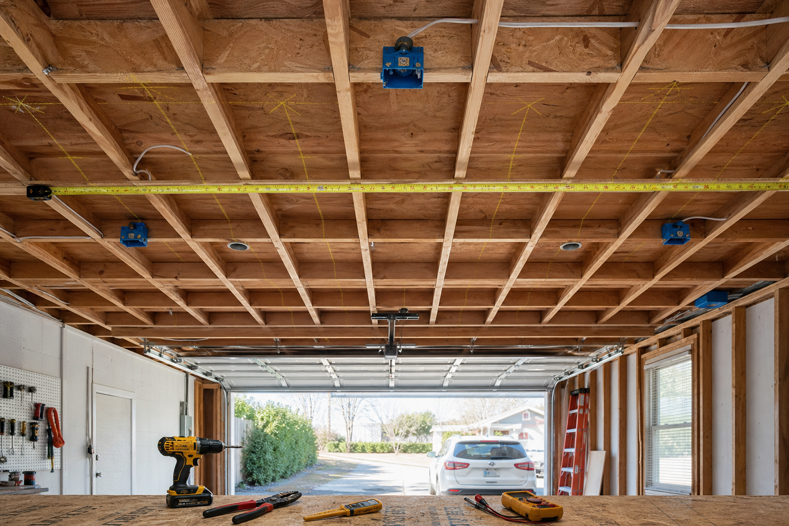 Garage ceiling prepared for lighting installation with tools and measurements