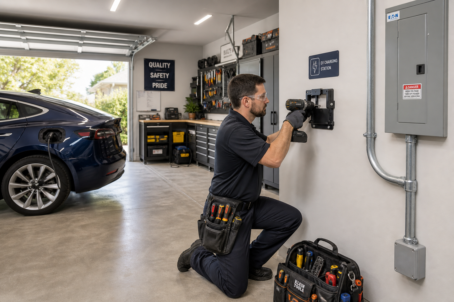 Electrician installing EV charging station on garage wall with proper tools and safety equipment