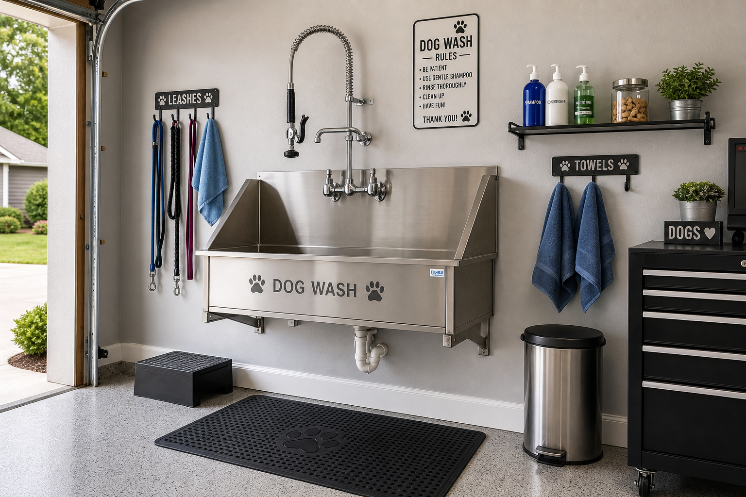 Installed dog wash station with stainless steel sink, spray hose, and wall-mounted accessories in garage