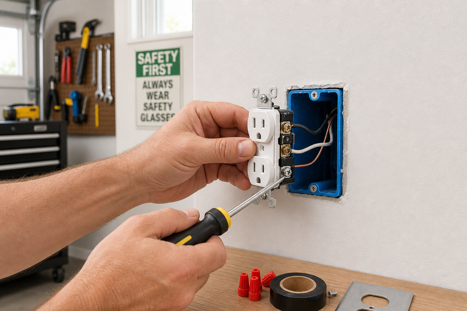 Close-up of hands properly installing an electrical outlet into a wall box
