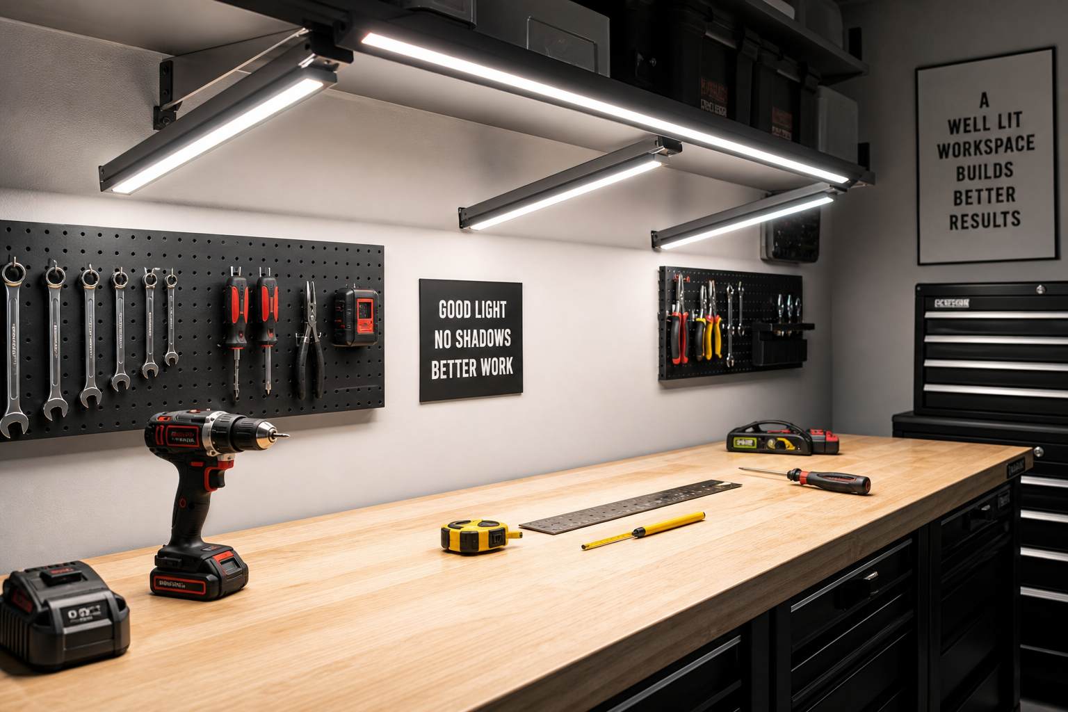LED task lights installed above a workbench creating shadow-free illumination