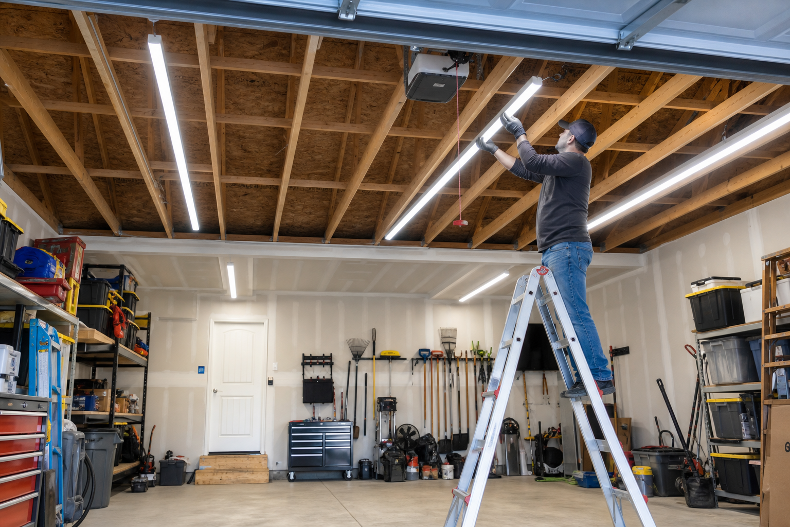 LED shop lights being installed on garage ceiling for bright workspace lighting