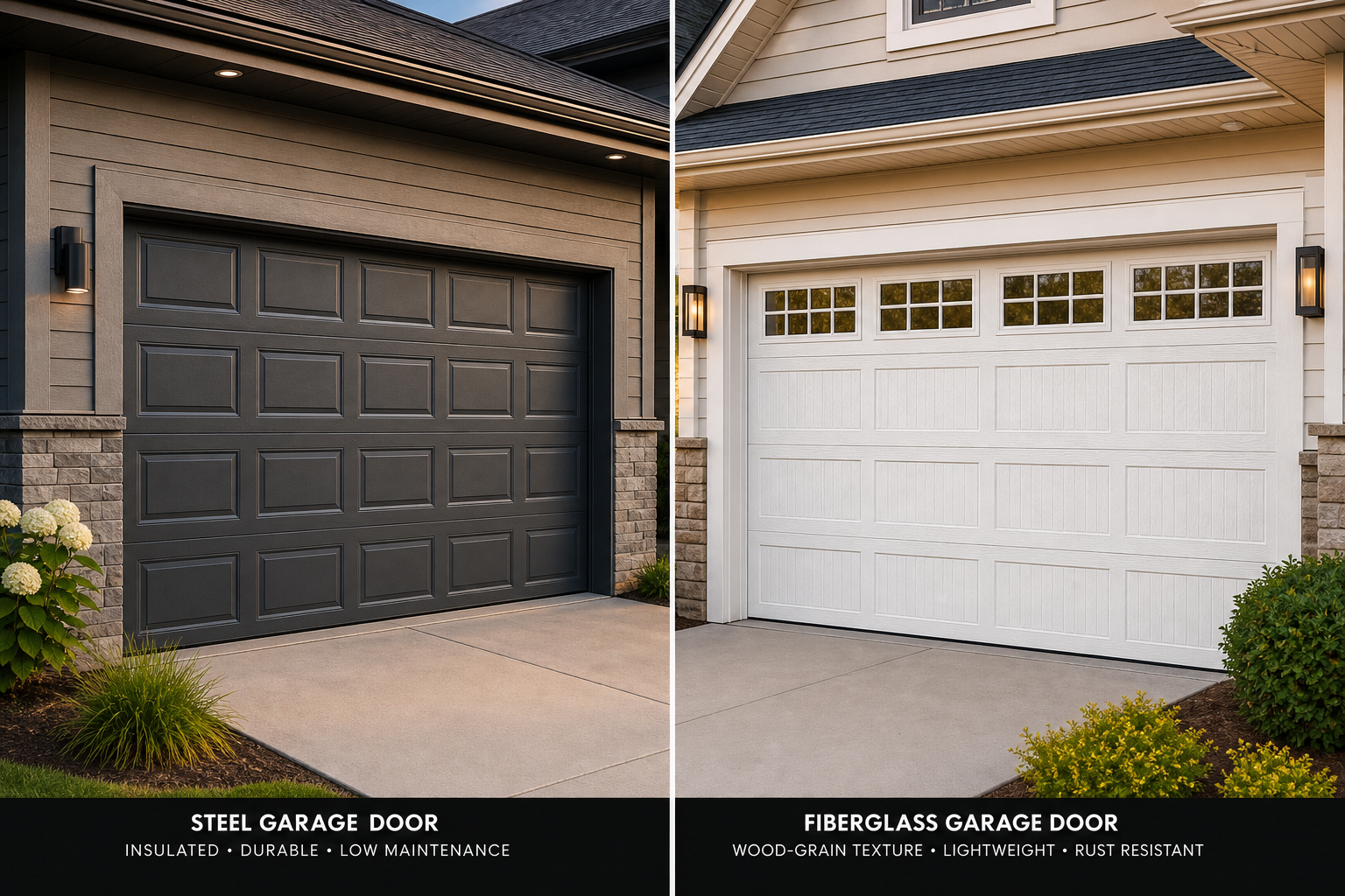 Side-by-side comparison of insulated steel garage door versus fiberglass garage door on residential homes