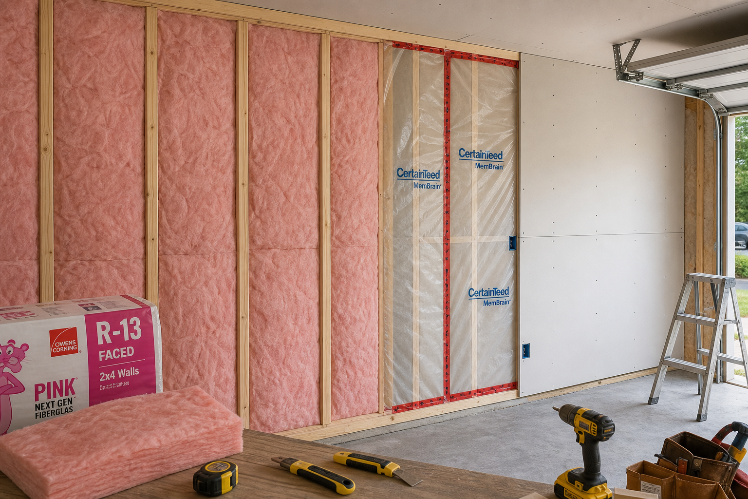 Garage wall insulation installation showing proper technique and materials