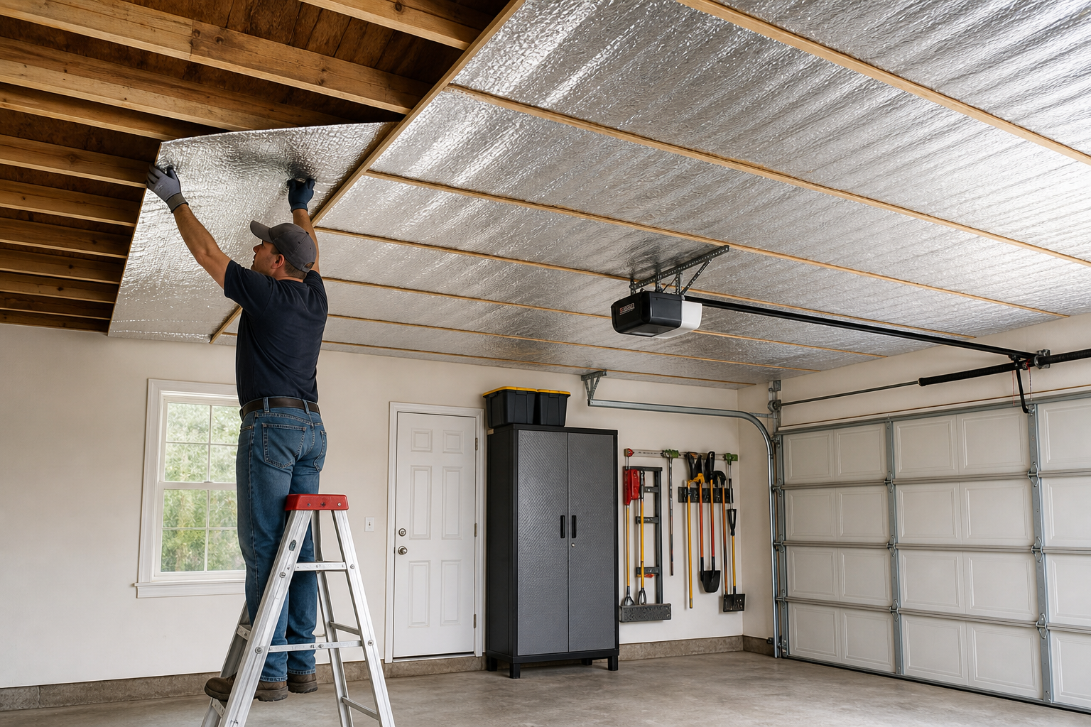 Radiant barrier insulation being installed in garage ceiling rafters