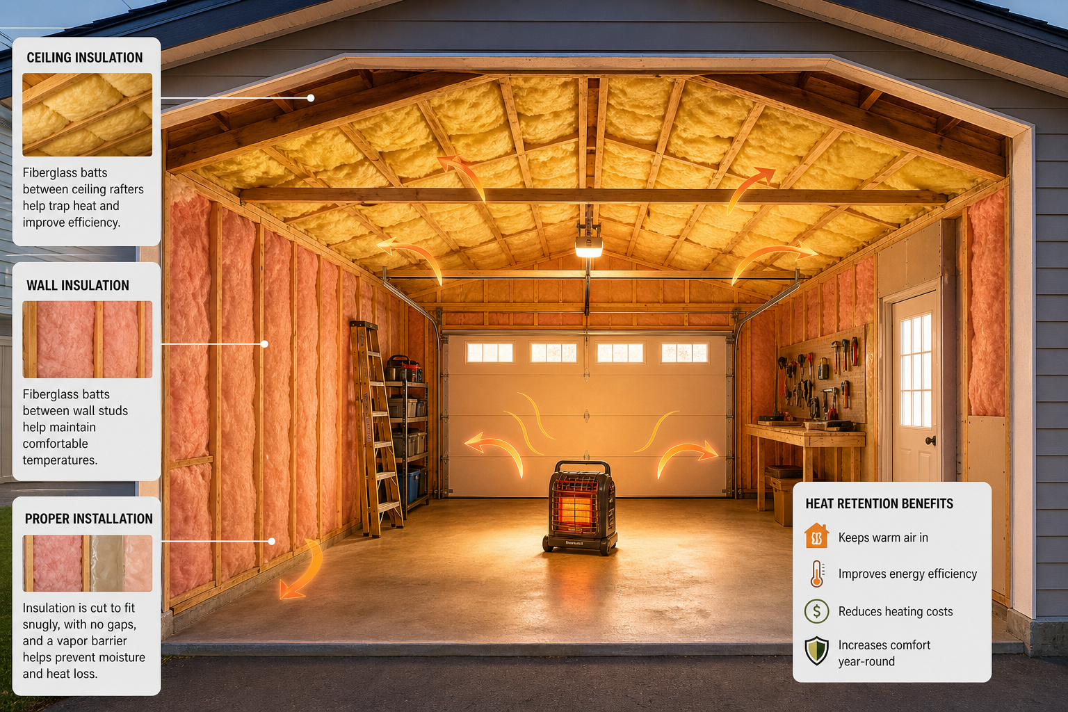 Garage interior showing proper insulation installation for efficient heating