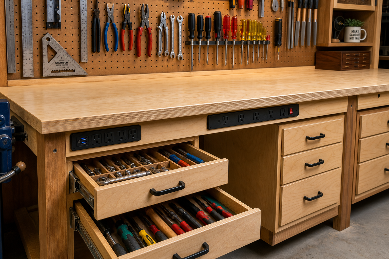 Wooden workbench with integrated drawers, pegboard storage, and electrical outlets showing storage solutions