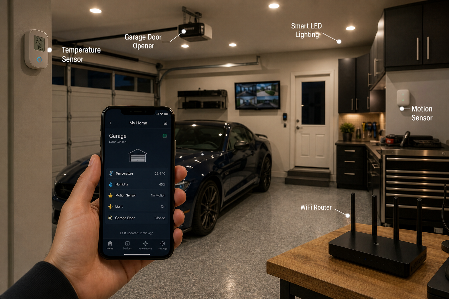 Smart garage setup showing temperature sensor integration with home automation systems