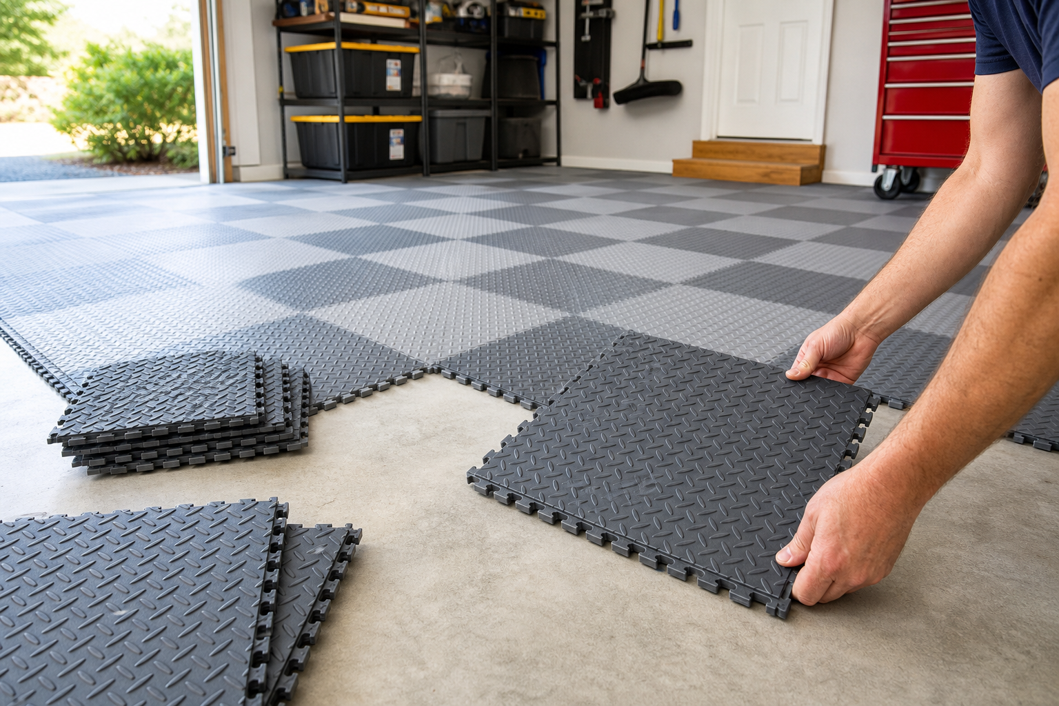 Interlocking garage floor tiles being installed by hand