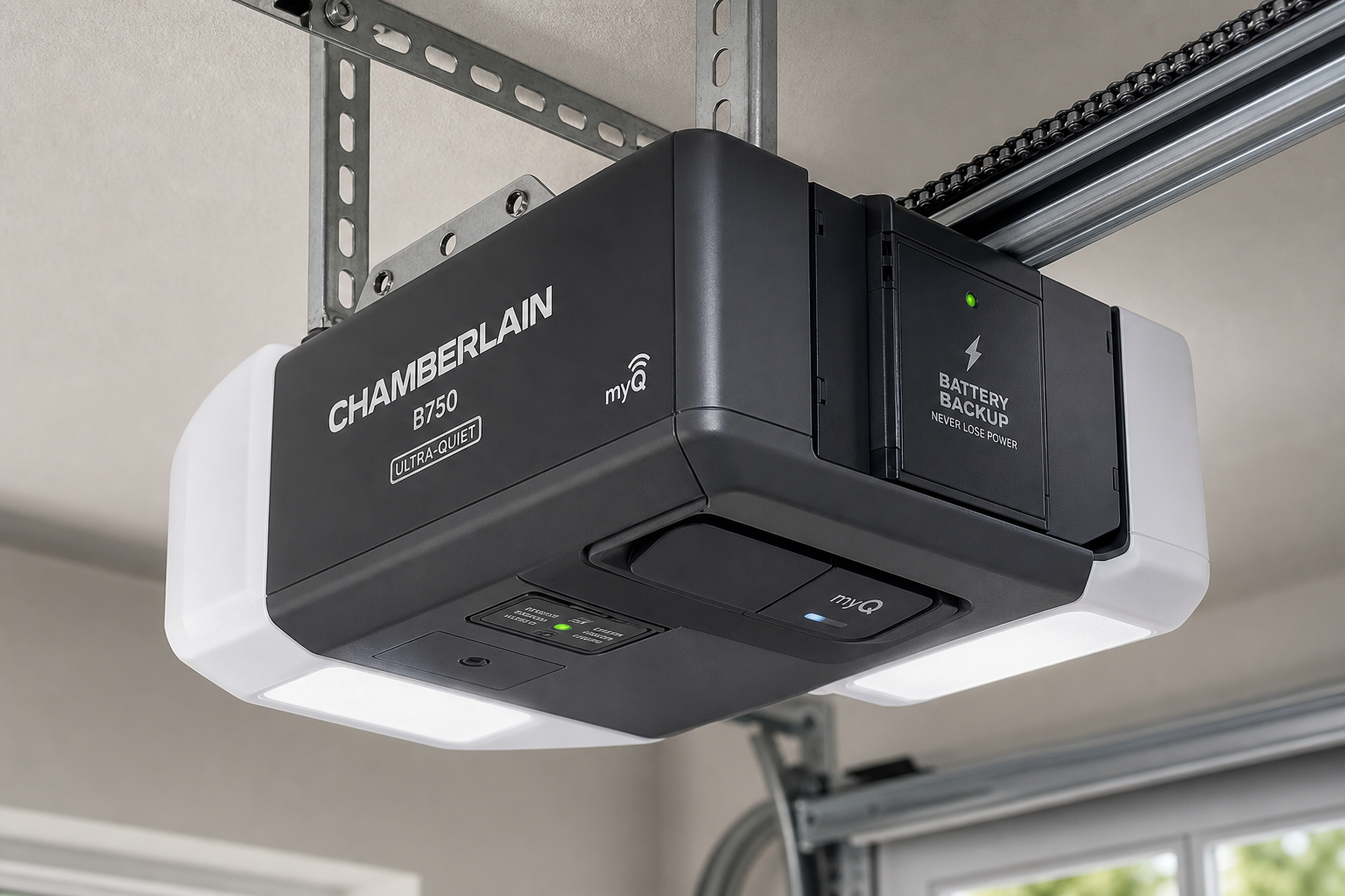Modern garage door opener showing key components and backup battery system