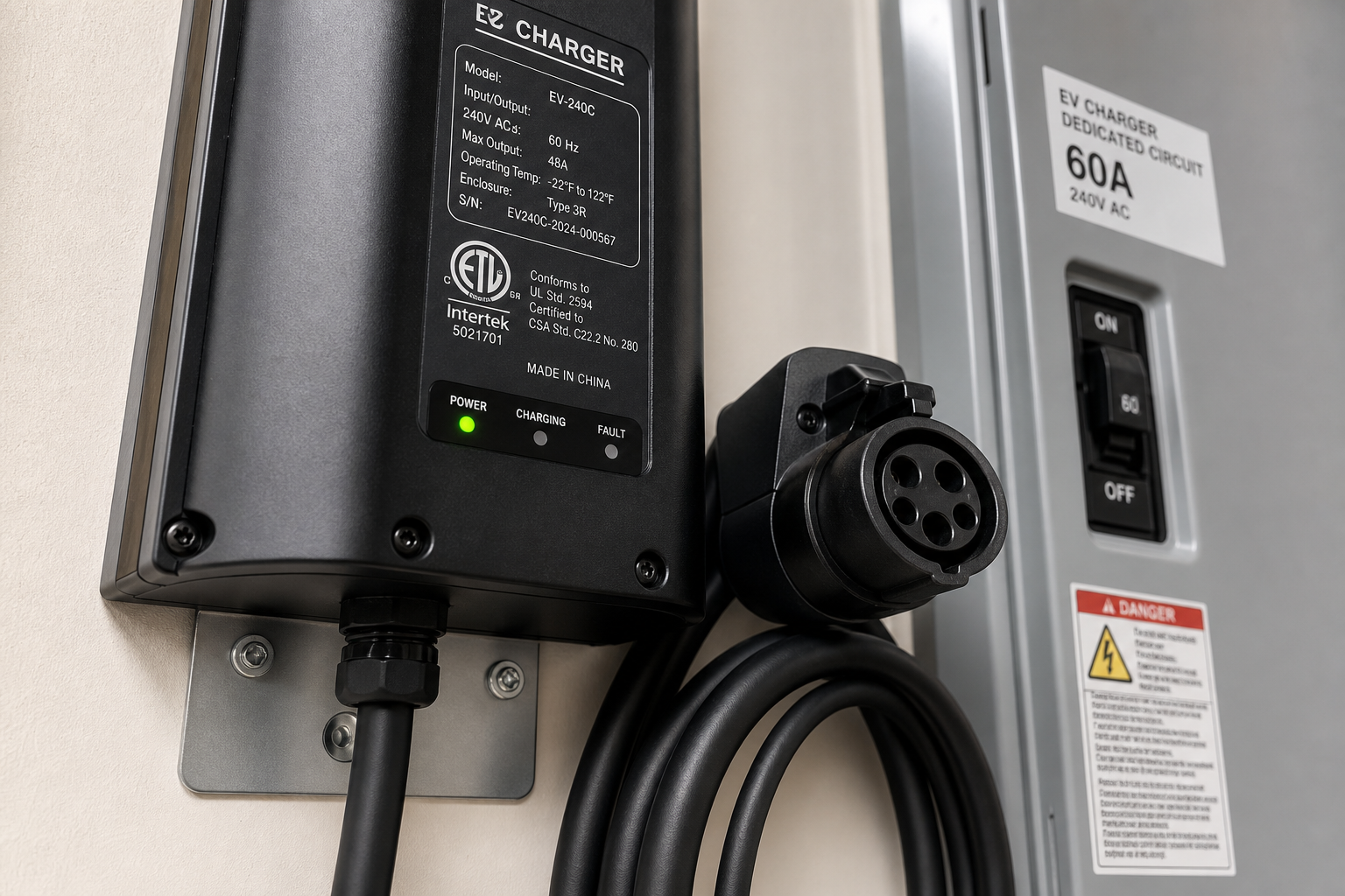 Close-up of EV charger specifications and electrical connections in garage
