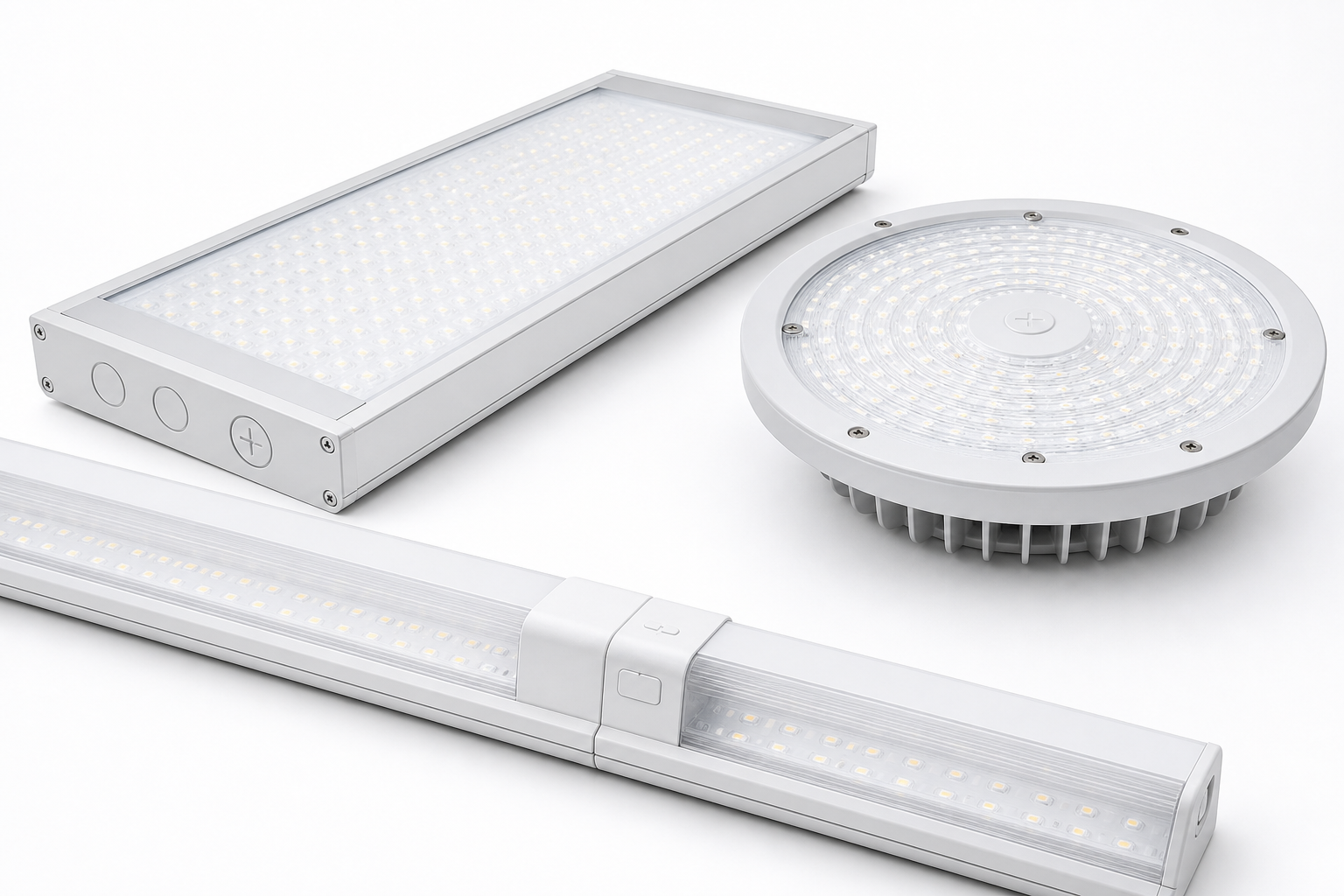 Three different LED shop light fixtures displayed for comparison