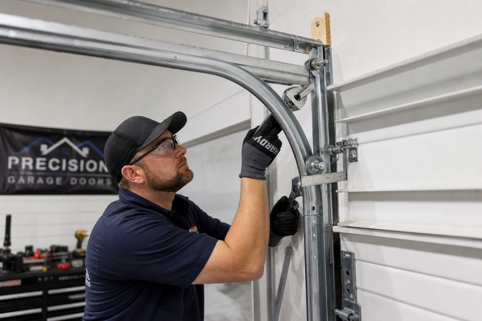 Technician adjusting horizontal garage door tracks with tools