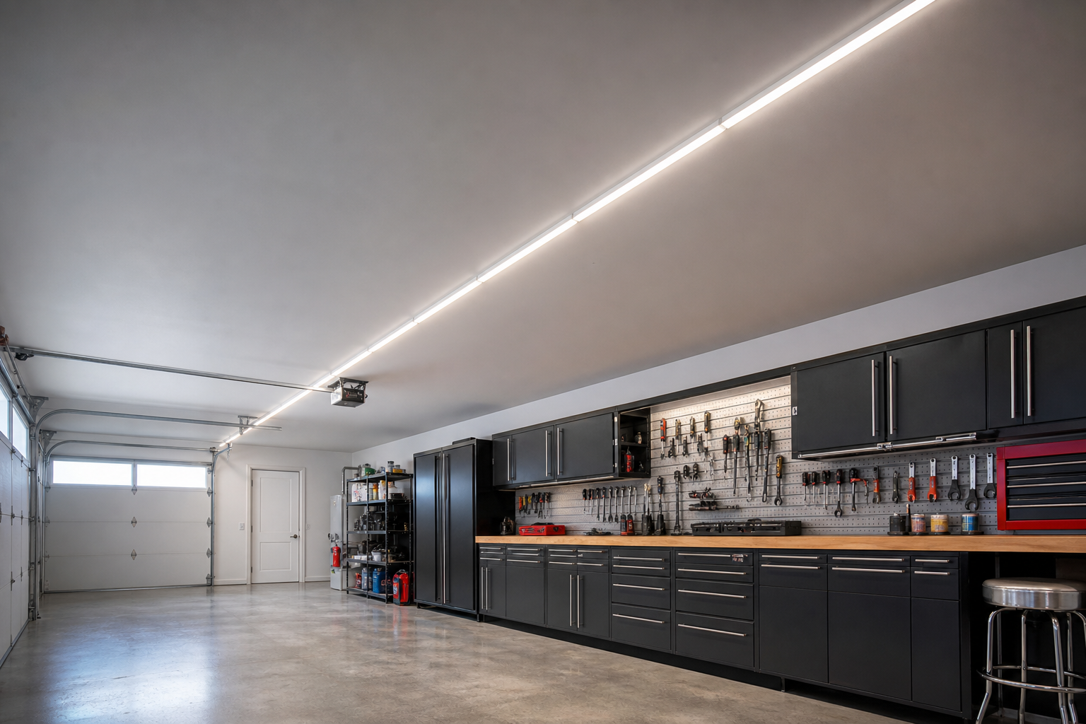 Connected LED light bars installed across garage ceiling providing continuous lighting