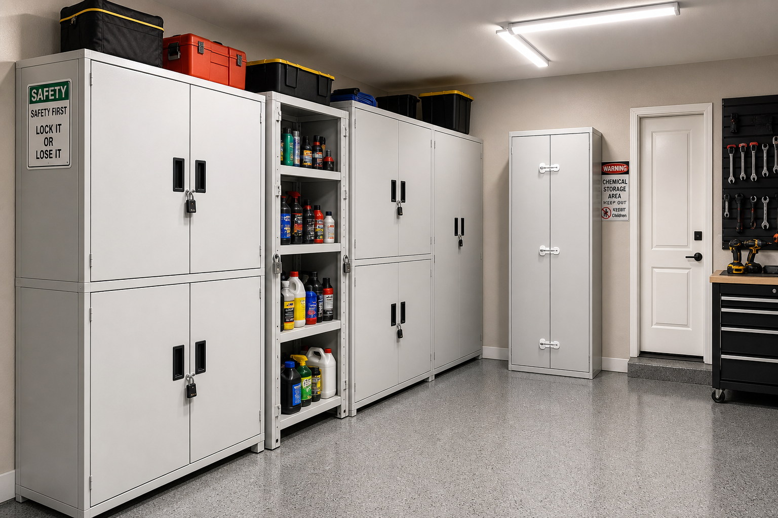 Garage storage cabinets with locks and security features for child and pet safety