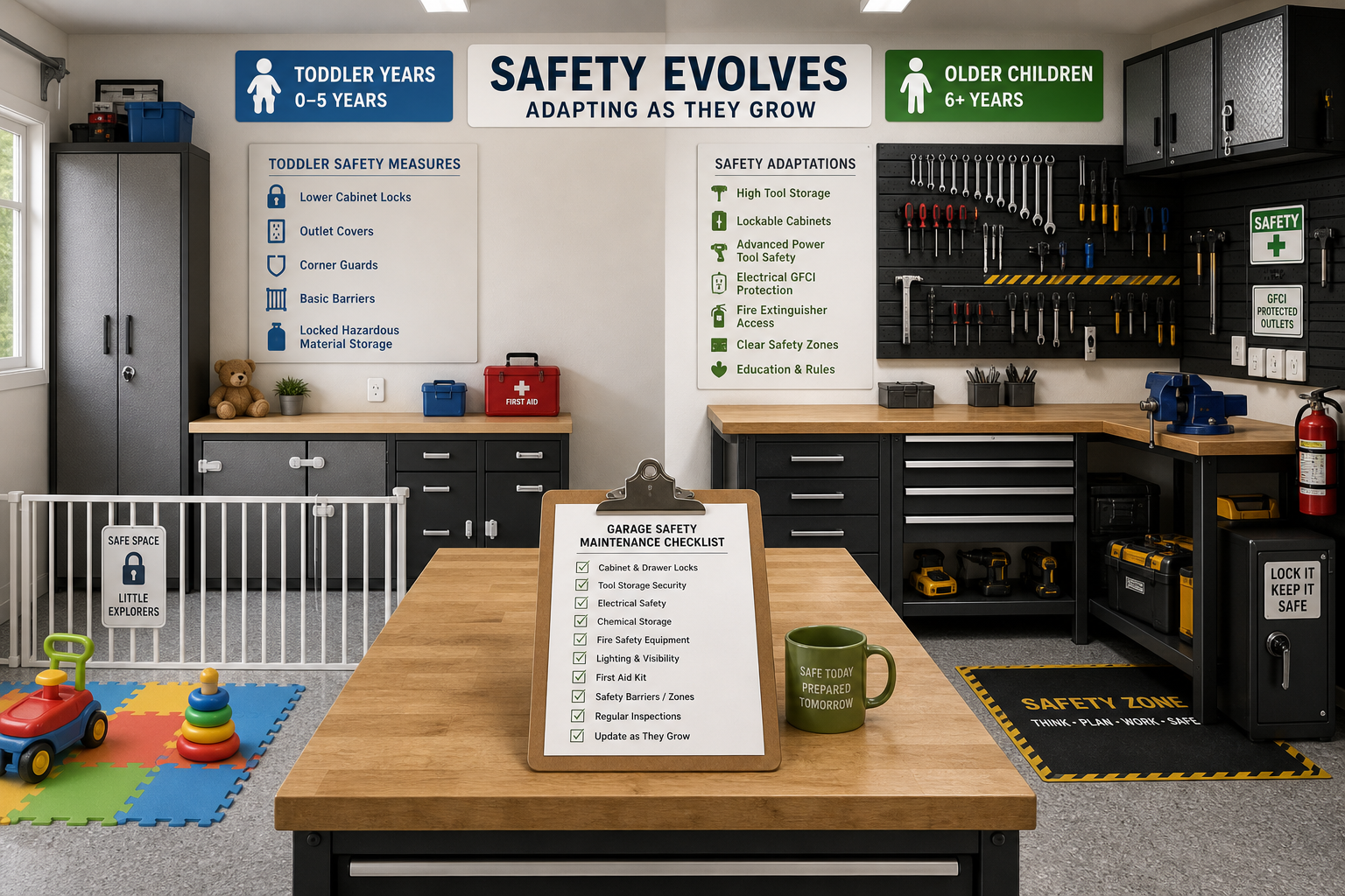 Garage workshop showing evolving childproofing measures adapted for different age groups