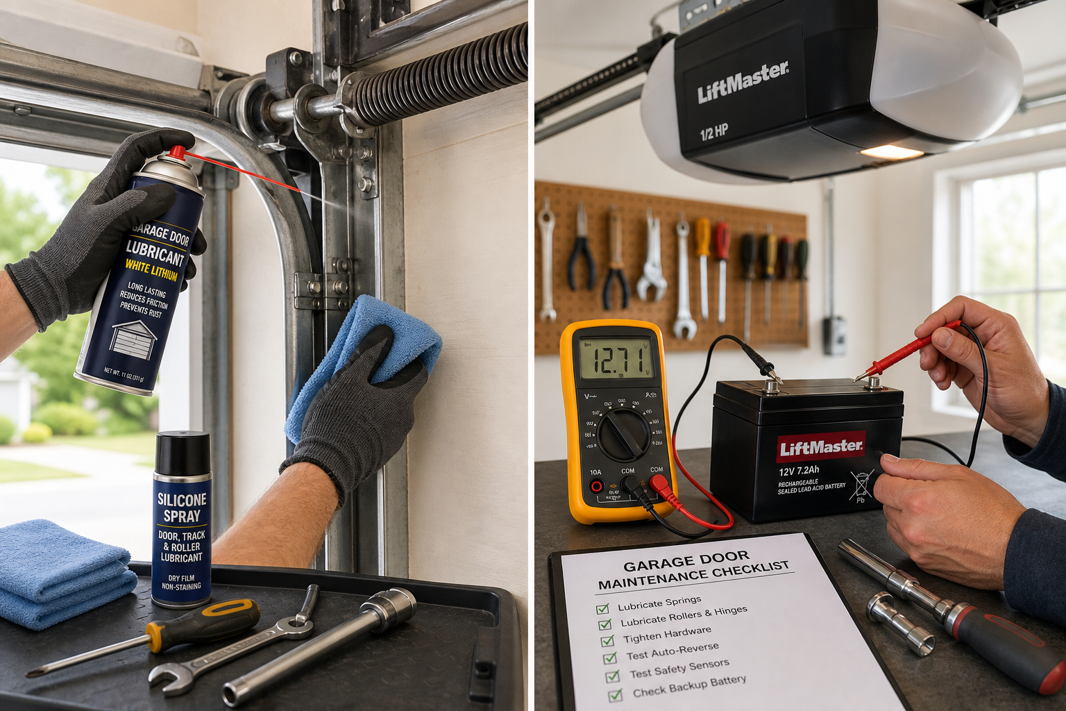 Garage door opener maintenance showing lubrication and battery testing procedures