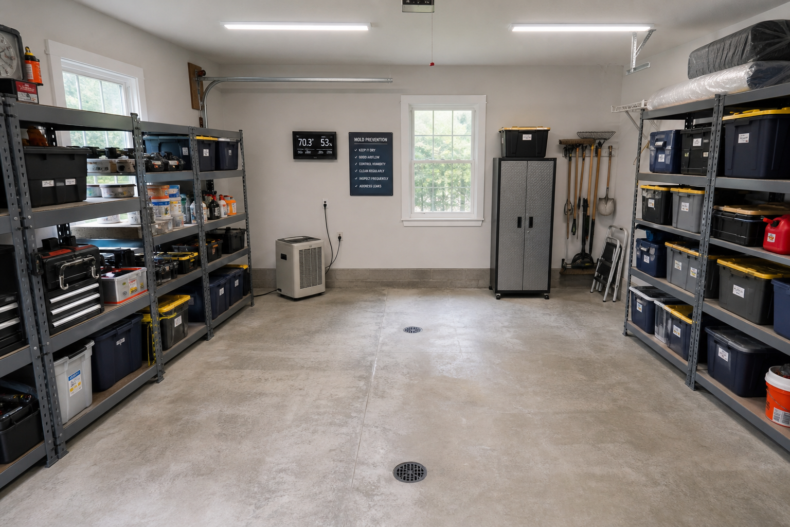 Well-organized garage showcasing mold prevention storage and equipment setup