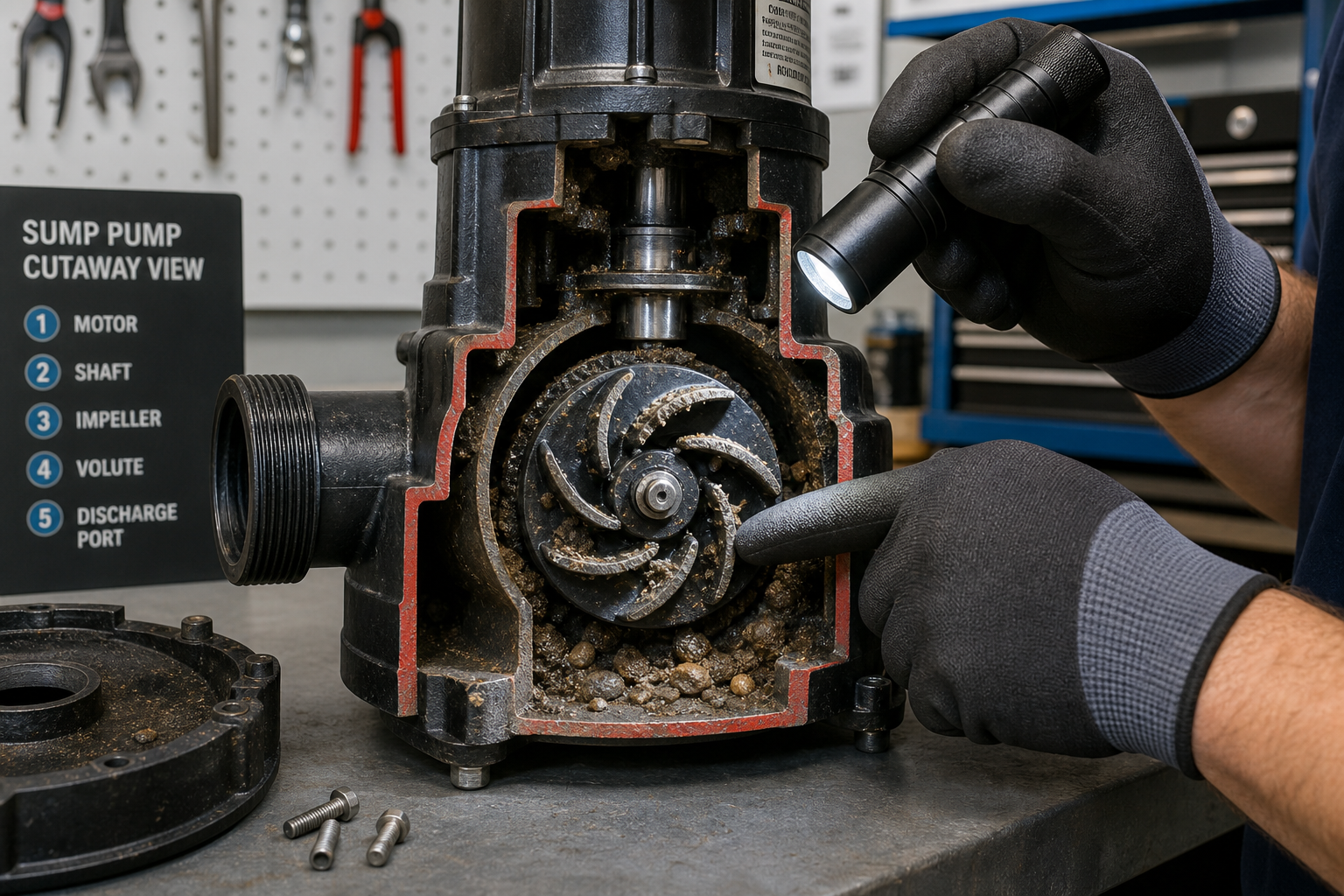 Technician examining a stuck impeller inside a disassembled sump pump