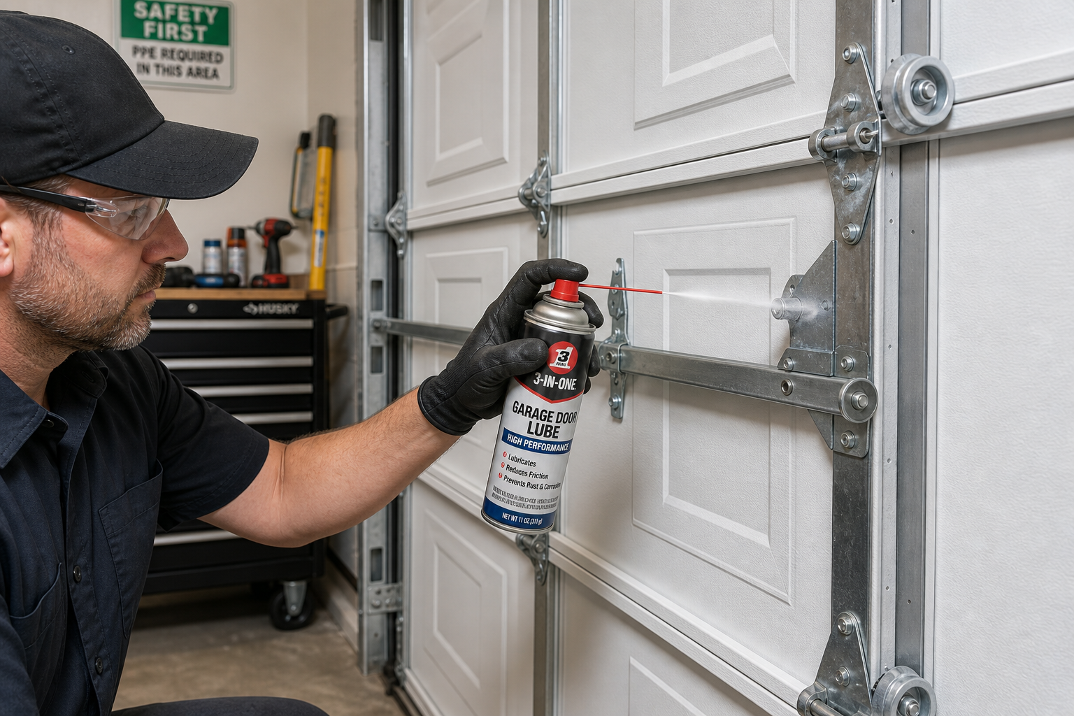 Hand applying spray lubricant to garage door hinges and moving parts