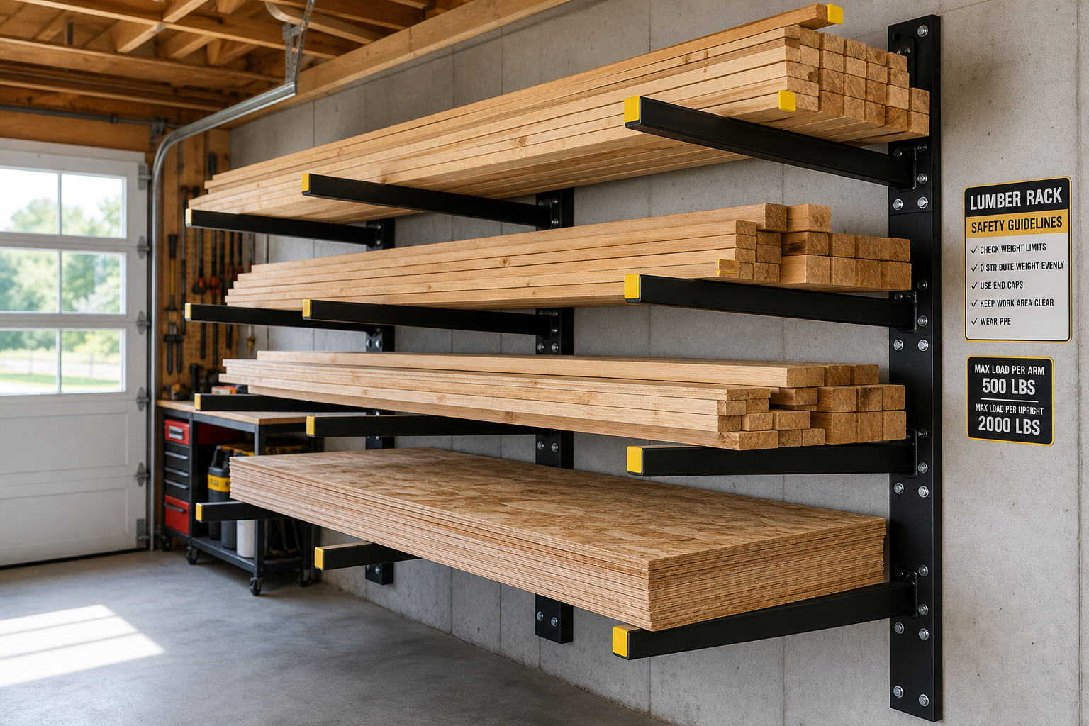 Wall-mounted lumber storage rack with organized wood boards and safety features