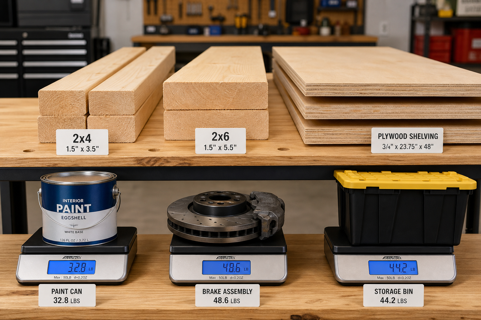 Various lumber sizes displayed with weight testing equipment and heavy storage items