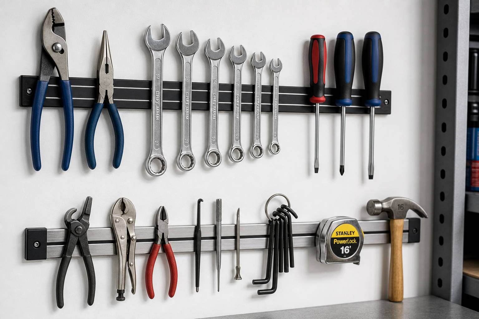 Magnetic tool strips on garage wall holding organized hand tools