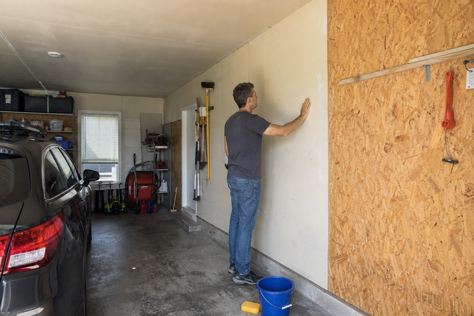 Garage interior showing wall maintenance with cleaning supplies and realistic wear patterns