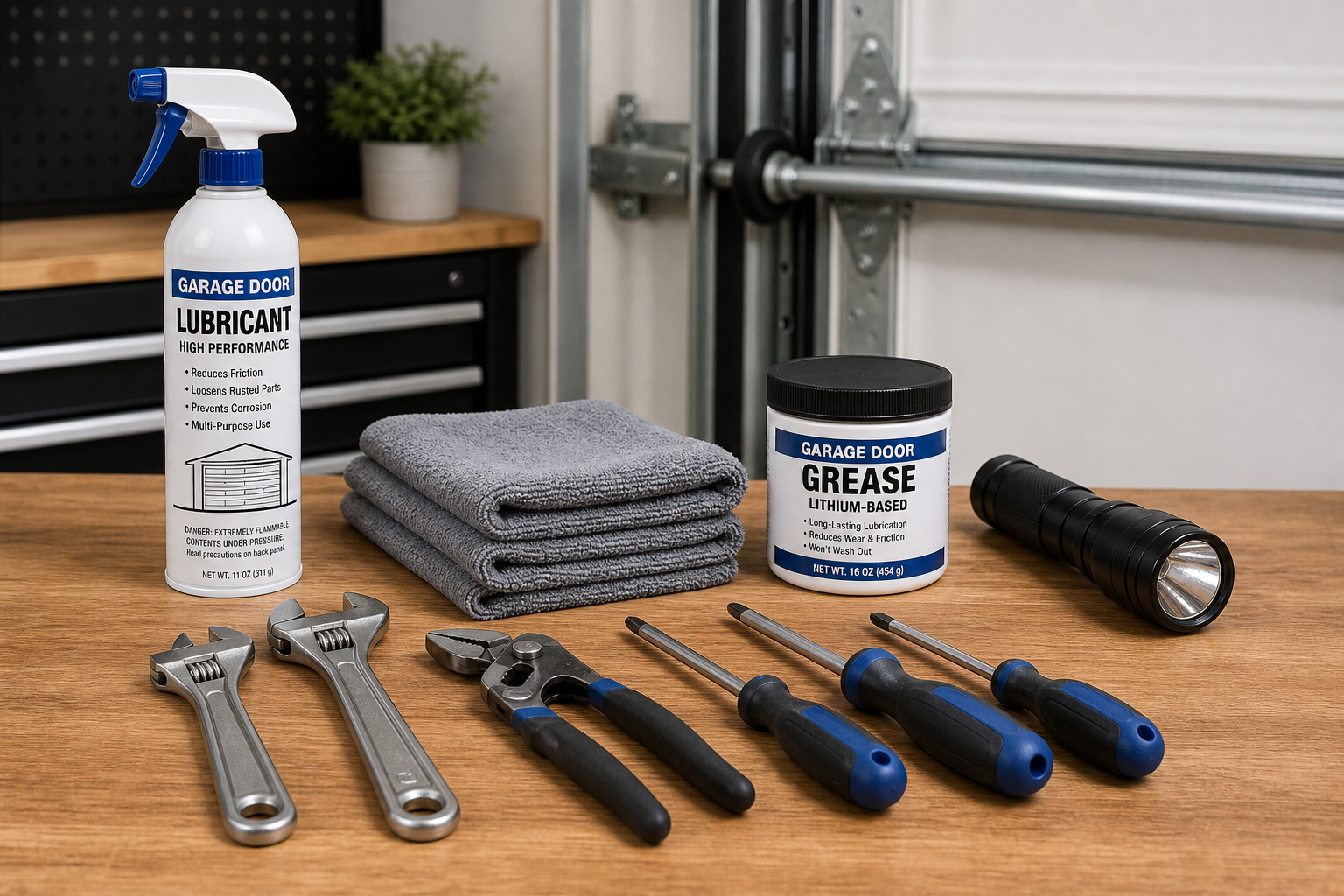 Garage door maintenance tools and lubricants arranged on workbench