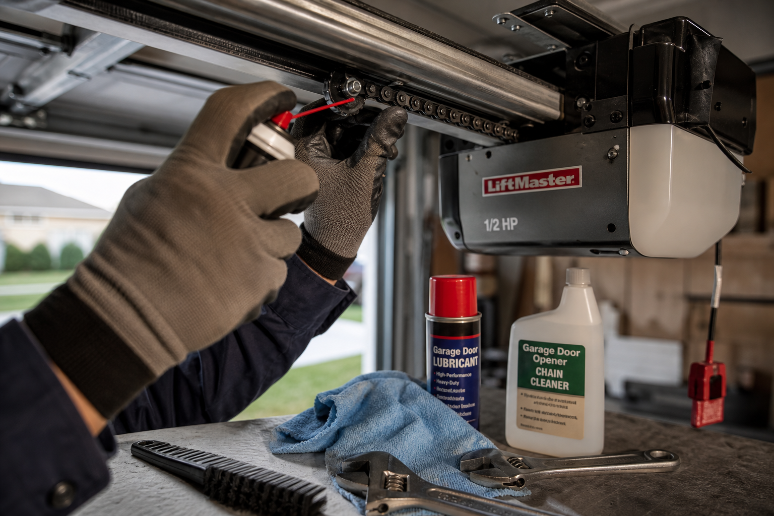 Person performing maintenance on a garage door opener chain drive system