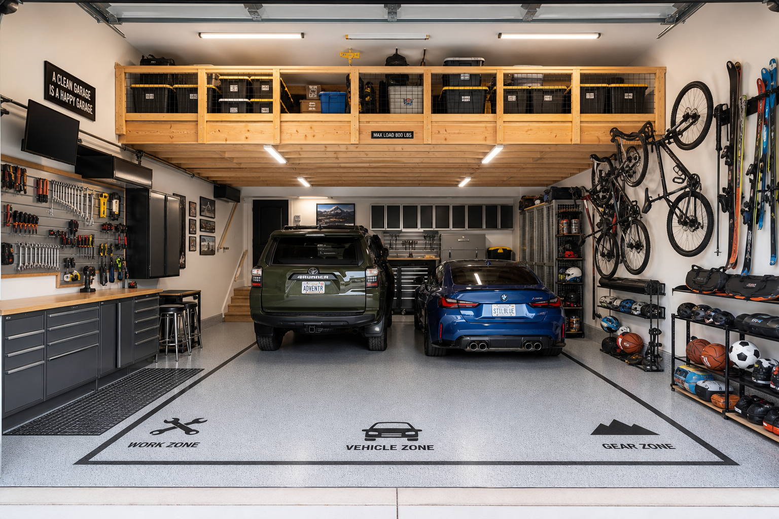 Fully optimized garage space with attic platform and organized storage solutions
