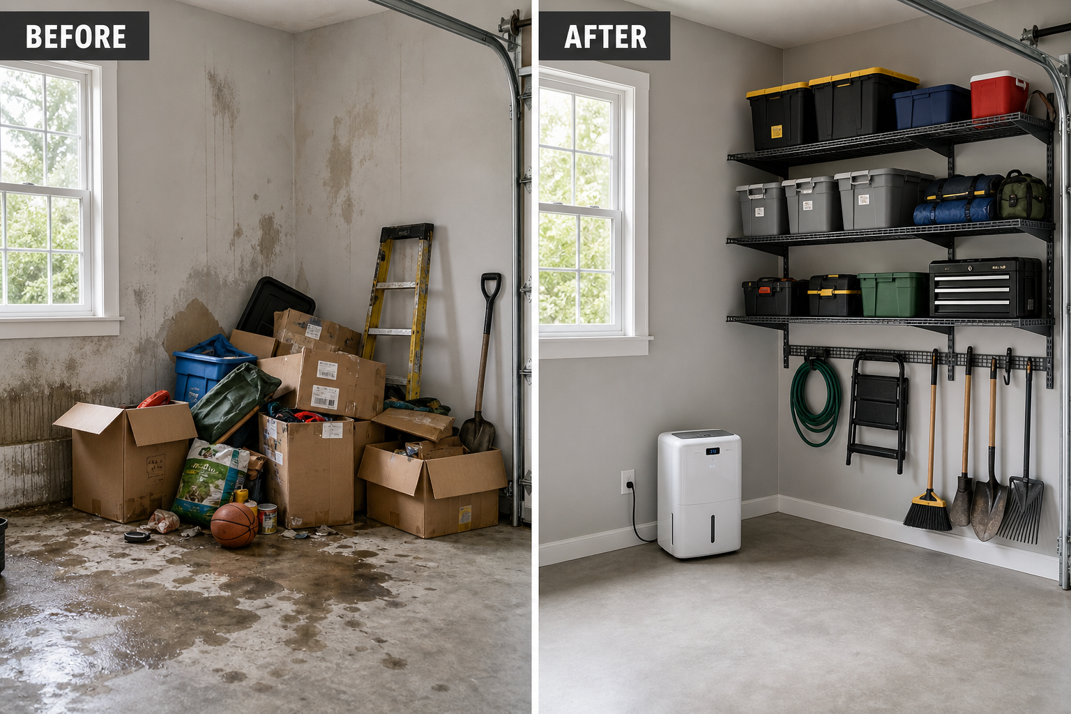 Split image showing cluttered garage corner before and organized dry storage after