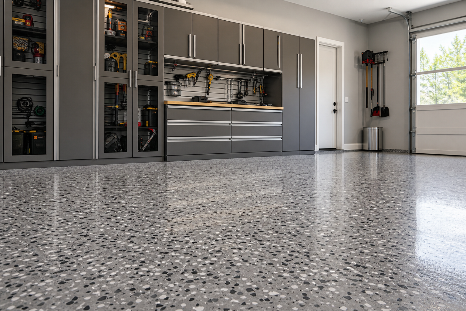 Garage floor with decorative flakes matching cabinet colors