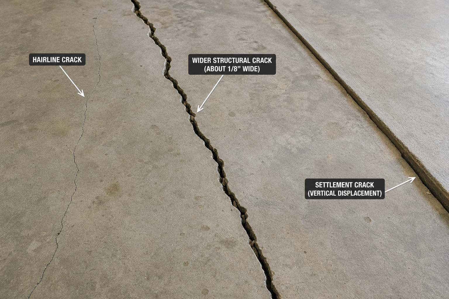 Different types of concrete cracks on garage floor showing various repair needs