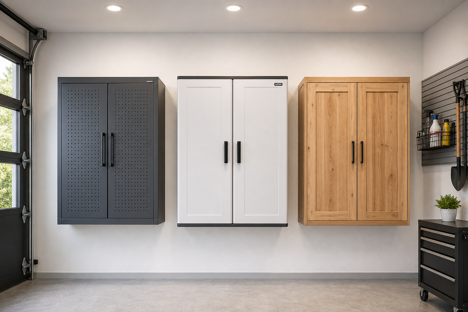 Three garage storage cabinets showing different materials: metal, resin, and wood