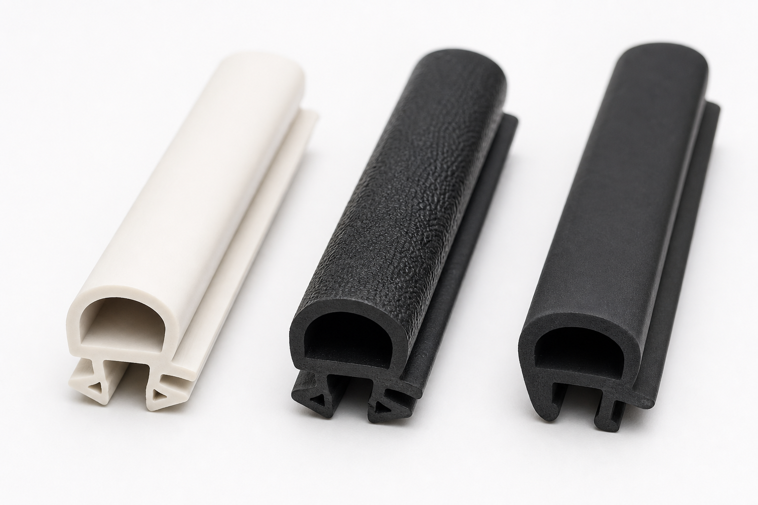 Three different weatherstripping materials - vinyl, rubber, and EPDM - displayed side by side for comparison