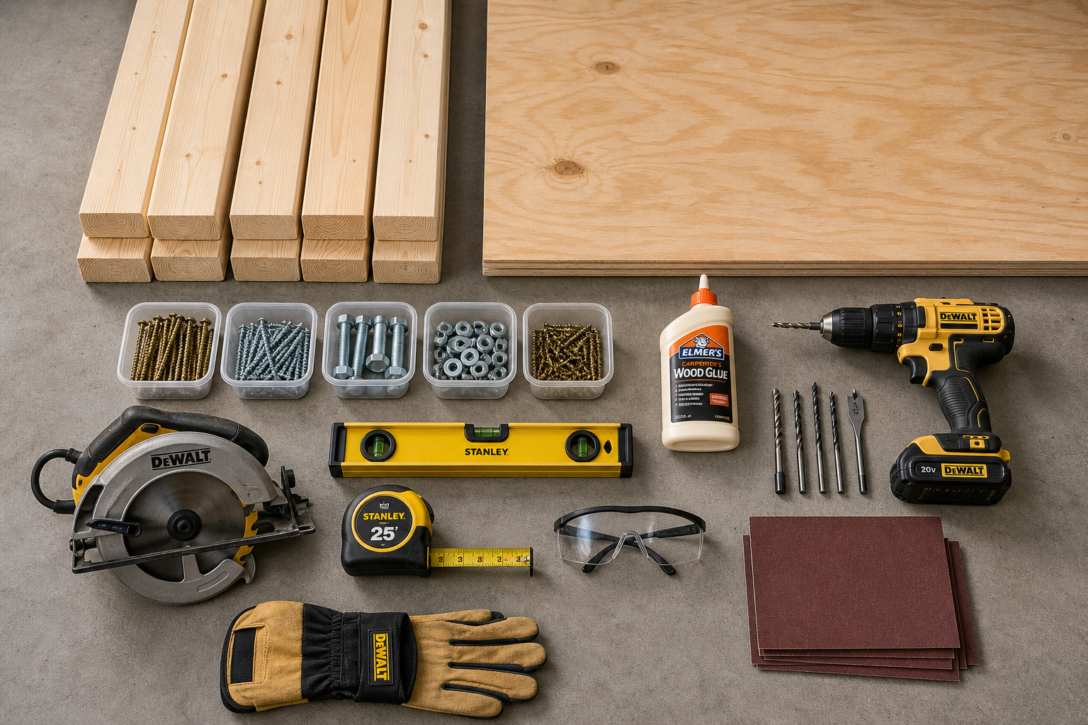 Essential materials and tools laid out for garage workbench construction