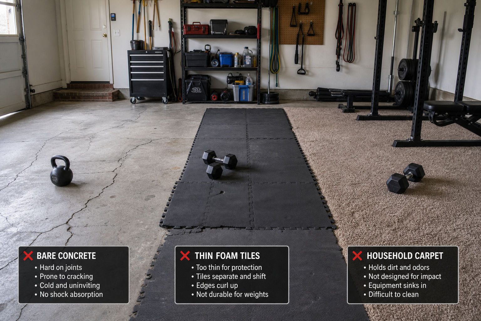 Garage showing inappropriate flooring materials like bare concrete, thin foam, and carpet for gym use